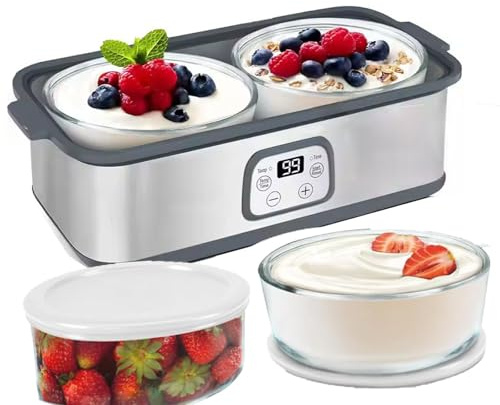 Yogurtera Totalmente Automática, con 2 Vasos De 1 L, Control De Tiempo Y Temperatura Ajustables, Calentamiento De Equilibrio De 360°, para Yogur Casero (14,5 X 7,5 X 7,5 Pulgadas),A