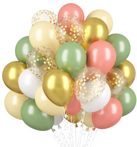 Luftballons Grün Retro Rosa, 60 Stück Rosa Sage Grün Latex Ballons, 12 Zoll Salbeigrün Altrosa Aprikose Helium Ballon, Gold Konfetti Ballon für Mädchen Dschungel Safari Geburtstag Babyparty Deko