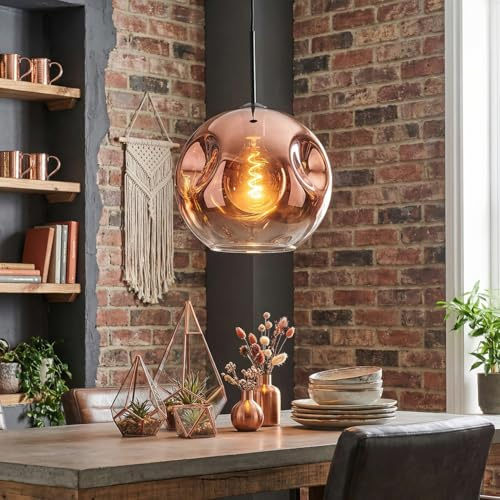 HOFSTEIN Hängeleuchte Ripoll, 1-flammige Hängelampe aus Metall/Glas in Schwarz/Kupferfarben/Klar, moderne Pendelleuchte im Retro/Vintage-Design (Schirm Ø 30 cm), E27, Esszimmer, Küche, Wohnzimmer