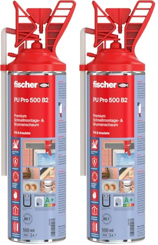 fischer Premium Schnellmontage- und Brunnenschaum PU Pro 500 B2, Bauschaum zum Verkleben, Abdichten und Füllen, PU-Schaum inkl. Fix-Adapter für sofortigen Einsatz und Wiederverwendung, 500 ml, beige