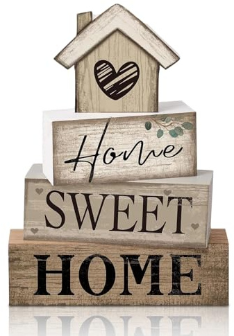 Home Sweet Home Sign Wooden House Decor Set, Rustic Wooden Home Sign Decor, Set of 3 Ornaments for Living Room Shelves, Home Decor Accessories, House Warming Gifts