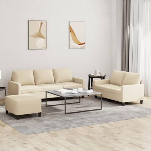 Augerqir 3 teiliges Sofagarnitur Set in Creme, Stoff Polstergarnitur mit Ottomane und Fußhocker, Couch für Wohnzimmer, Gästezimmer und Lounge, platzsparend mit Armlehne, Rückenlehne, Entspannung