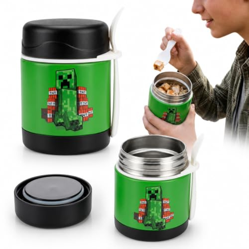 HOX Minecraft Creeper Kids Food Flask 450ml | Stainless steel insulated tub keeps food hot or cold for 6 hours, with reusable spork