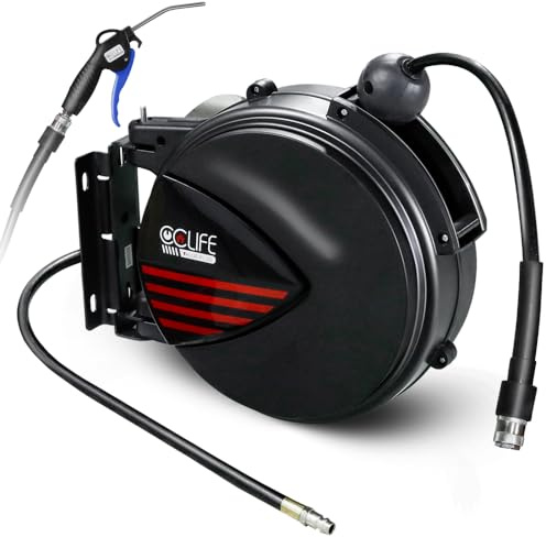 CCLIFE Automatik Schlauchtrommel 10m+1m mit Druckluftpistole, 15 Bar max, 1/4 Schnellkupplung, Innendurchmesser 8mm Stärke Wandung 2mm Druckluftschlauchtrommel Wandhalterung