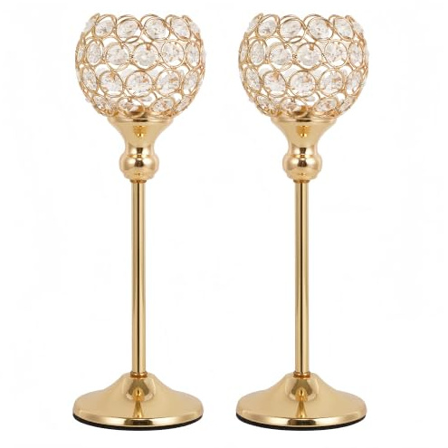 VINCIGANT 2 Pcs Gold Crystal Candle Holders, Tea Light Candlestick Holders | Elegant Sparkle Ornament for Fireplace, Christmas, Living Room, Dining Table, Home Decor, Golden Wedding Anniversary Present
