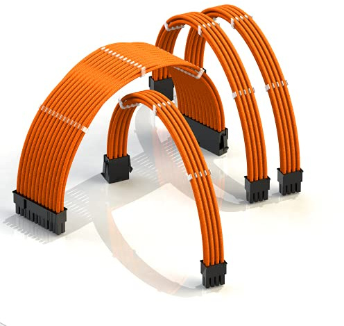 LINKUP - AVA 30cm Cable con Manguito - Prolongación de Cable para Fuente de Alimentación con Kit de Alineadores | 1x 24P (20+4) MB | 1x 8P (4+4) CPU | 2X 8P (6+2) GPU | 300mm - Naranja