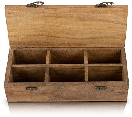 Wooden Tea Box Storage Chest Organizer Container Holder Rack With 6 Storage Compartments For Assorted Variety Of Loose Tea Spices & Herbs Natural Eco Friendly Vintage Rustic Decorative Box
