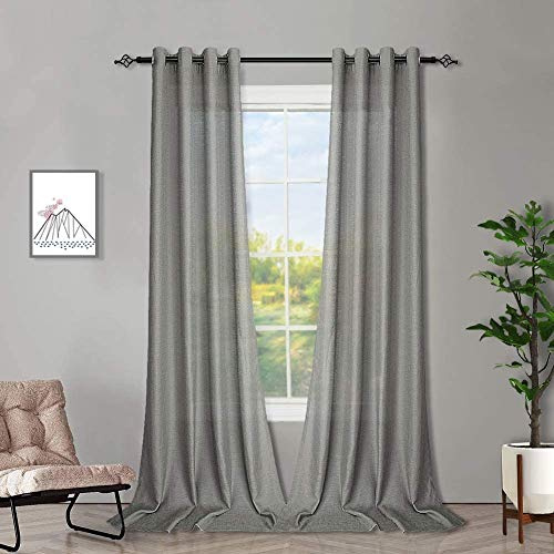 Melodieux Gardinen Grau Transparent Leinen Optik Vorhänge Kurz mit Ösen für Wohnzimmer Schlafzimmer, 2er Set 183x140cm