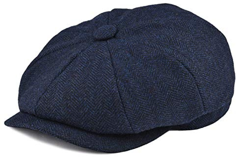 BOTVELA Men's 8 Piece Wool Blend Newsboy Flat Cap Herringbone Pattern Tweed Hat (Navy, 7 1/8)