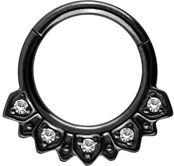 PIERCINGLINE Chirurgenstahl Segmentring Clicker ORIENTALISCHES DESIGN + 5 KRISTALLE Piercing Ring Nase Septum Ohr Helix Tragus Schwarz