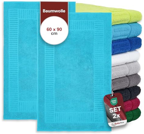 BaSaTex Badvorleger Duschvorleger, 2er Pack, 60x90 cm, Türkis | 100% Baumwolle, Öko-Tex Made in Green zertifiziert, Badvorleger für Dusche & Badewanne, 800g