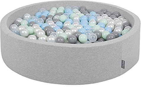 KiddyMoon Piscina De Bolas 120X30cm/200 Bolas Redondo Grande para Ninos,Hecha En La UE, Gris Claro:Perla/Gris/Transparente/Azulclr/Menta