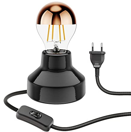 ledscom.de Porslinsbordslampa TIX, rund, plugg, strömbrytare, svart + LED-lampa, 839lm, varmvitt