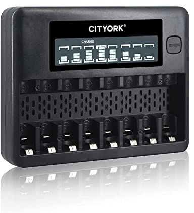 CITYORK Caricabatterie Pile Ricaricabili AA AAA 8 Slot con schermo LCD, Caricatore per Batterie Ni-MH Ni-Cd Funzione di Ricarica Rapida USB