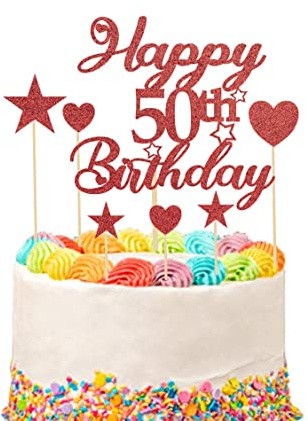 Mobile Stuff Happy 50th Birthday Cake Topper Set, 50th Birthday Cake Topper with Heart Star Cupcake Cake Topper Picks Glitter Cake Decoration for Birthday Party Cake Supplies - 9pcs (Red)