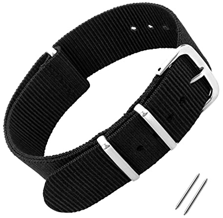 cobee Uhrenarmband aus Nylon, Armbänder für Männer und Frauen Ersatz Militärarmband mit 4 Ringen Armband Uhrenarmbänder Schwarze Uhrenarmbänder mit silberner Metallschnalle