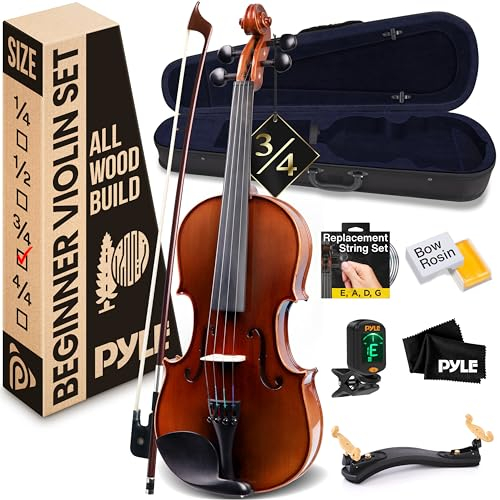 Pyle Instrument Violine 3/4 aus Holz – Geige 3/4 für Kinder ab 9 Jahren – Set mit Violin Bogen, Geigenkoffer, Schulterstütze, Stimmgerät, Kolophonium & Ersatzsaiten – für Anfänger & Fortgeschrittene