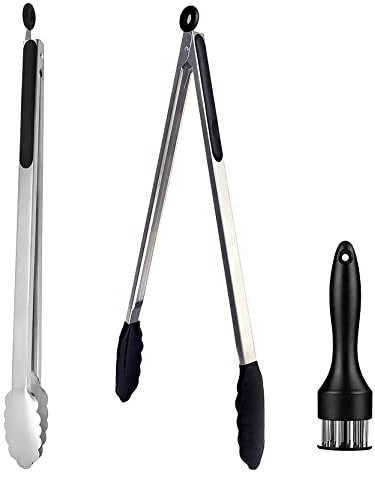 UPTALY 2 pinze da barbecue extra lunghe da 45cm, 1 batticarne con punte per piercing, pinze per alimenti di grandi dimensioni con testa in silicone, pinze da portata allungate, per cucinare, grigliare