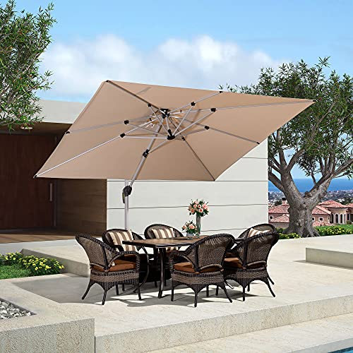 PURPLE LEAF 2.7 X 3.3 M Garden Cantilever Parasol, Large Rectangular Overhanging Patio Umbrella with Crank Handle and Tilt for Balcony and Outdoor, Beige