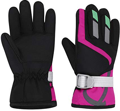 Kids Ski Mittens Waterproof Snow Gloves Child Winter Snowboard Mittens Skiing Gloves Thermal Snow Mittens Warm Fleece Lined Full Finger Gloves For Skiing Cycling Snowboarding Boys Girls 3-8 Years Old