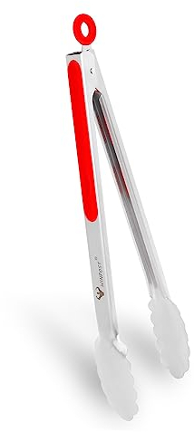 WINPOST Pinze da cucina in acciaio inox, 34 cm, manico antiscivolo resistente al calore, ideale per cucinare, insalata, grigliare e barbecue (34 cm, rosso)
