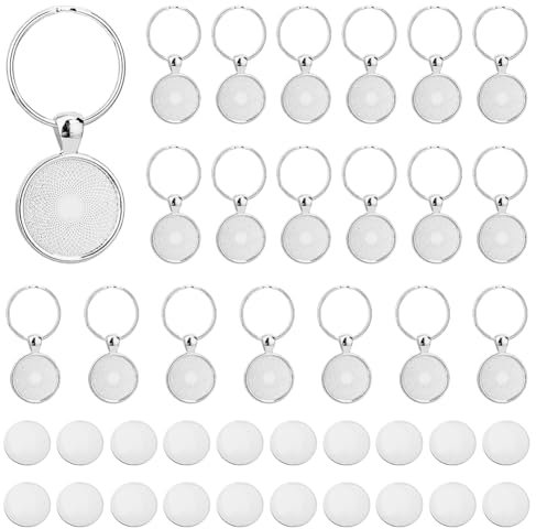 DICOSMETIC 20 ensemble Porte Clés Pendentif Plateau 20mm en Alliage de Platine Cabochon Porte Clés Vierges avec Porte Clés Kit de Fabrication de Porte Clés Bricolage pour Résine Photo
