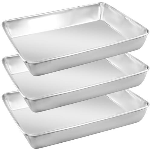 HEIHAK Paquete de 3 bandejas rectangulares de acero inoxidable de 36 x 28 x 5,5 cm, bandejas de horno plateadas, bandeja de horno de galletas para pasteles, galletas, pizza, carne, verduras, postres