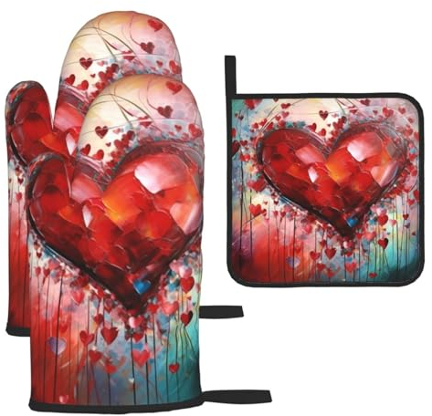 Set di 3 guanti da forno e presine a forma di cuore astratto, resistenti al calore, set di presine, extra lunghi, antiscivolo, guanti da cucina per cucinare e barbecue