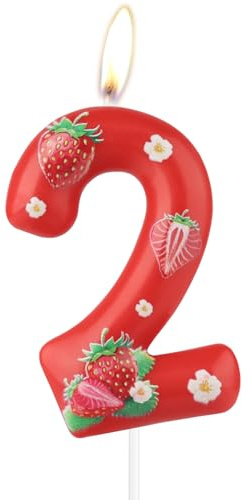 mciskin Erdbeer-Geburtstagskerzen, Dekoration zum 2. Geburtstag, rote Zahl 2 Kerzen für Kuchen, Mädchen und Jungen, Dekoration zum 2. Geburtstag, rote Erdbeere und Beeren, Partyzubehör für