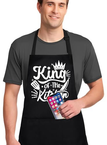 Jiusely Aprons for Men Women - King of The Kitchen- Black Kitchen Aprons for Women with Pockets, Chef Apron Gifts for Men, Father, Husband, Dad, Grandad Birthday Christmas Gifts