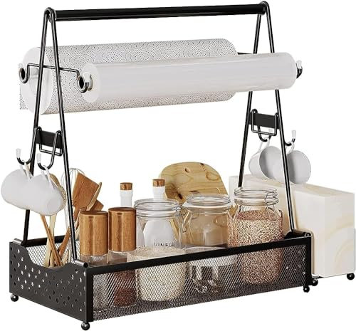 Picnic Grill Caddy, Picnic Condiment Storage Caddy with Paper Towel Holder, Outdoor Kitchen Barbecue Accessories, BBQ Camping Caddy for Plate and Utensil (Black)