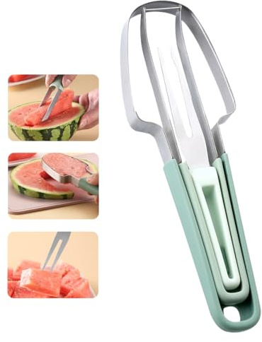 Koonafy Watermelon Cutter Slicer Tool, 3-in-1 Watermelon Fork Slicer Cutter, Stainless Steel Fruit Cutter, Watermelon Cutter Knife Portability Fruit Fork for Camping Kitchen Gadgets (Green)