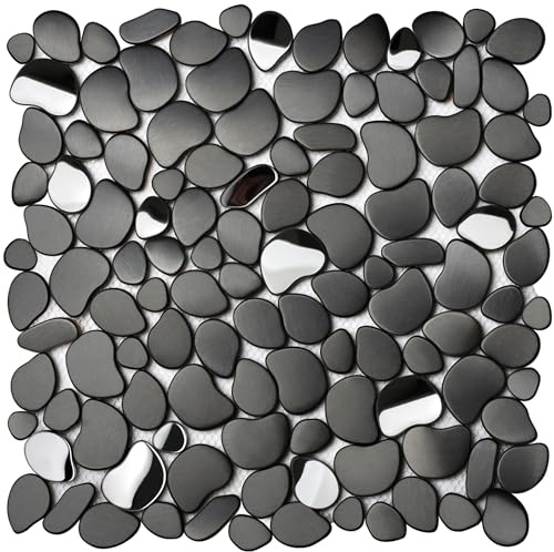 Primoon Black Tile Backsplash Pebble Tile Metal Mosaic Tiles for Kitchen Backsplash Bathroom Shower Floor【5 Sheets】