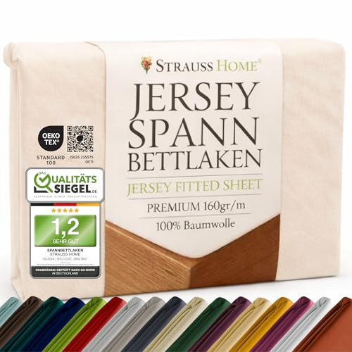 Strauss Home Premium Spannbettlaken Jersey 180x220-200x220 cm - 160 g/m² 100% gekämmte Baumwolle, 40 cm Steg, Oeko-TEX - für Boxspringbett & Wasserbett - Champagner