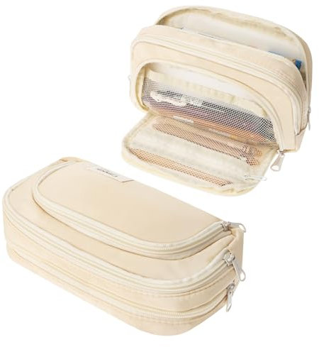 KATIMI Federmäppchen Groß, Mäppchen Aesthetic mit 2 Geodreieck, Federtasche Mädchen Jungen mit 3 Fächer, Federmappe Pencil Case, Etui Stifte mit Reißverschluss für Schule Büro(Khaki)