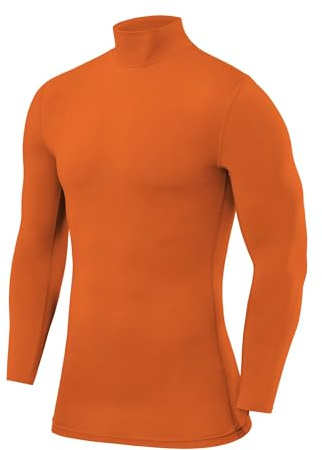 PowerLayer Tee Shirt Compression Homme - T Shirt Compression Homme Manches Longues pour Football Running - Tshirt de Sport avec Col Rond Montant - Orange, XL