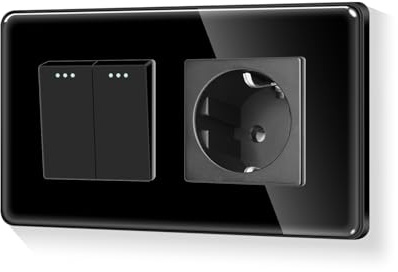 LIAONFOY Runde Schuko 2 Fach 1 Weg Unterputz Lichtschalter Glasrahmen Tasten Schalter Ein Aus Schalter mit Einzelsteckdose Gekurbte Kanten rahmen Schwarz 110-250V 157mm