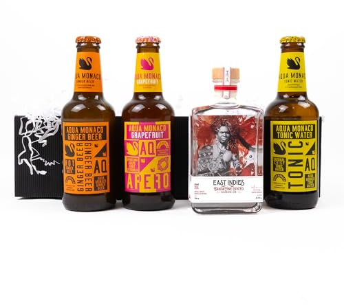 Geschenkset East Indies Banda Fine Spiced Negroni Gin (1 x 0,2l) & Aqua Monaco Mixgetränken (3 x 0,23l) – Perfekt für kreative Cocktails und Genussmomente