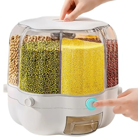 360 ° Rotating 6-in-1 Kitchen Storage LARGE Food Storage Dispenser Container Cereal Rice Sealed Tank Grain Box with Lid Moisture Resis-ant Household (White)