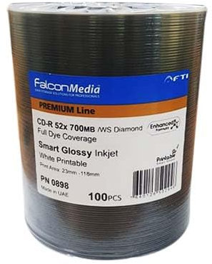 Falcon CD-R Glossy Smart White Inkjet Full Printable Discs Diamond Dye (Mastering Grade) CD-R 52x Speed 700MB 80-Minute Blank Discs 18131 - 100 Pack