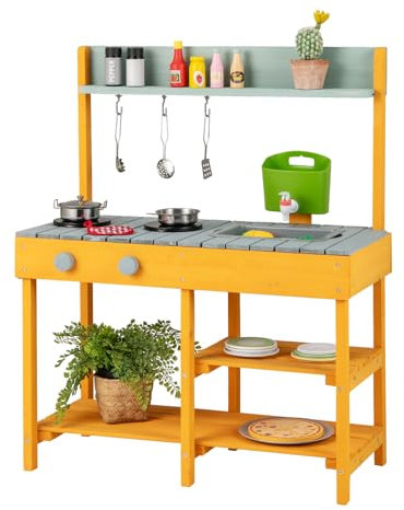 GOPLUS Cuisine en Bois Enfant, avec Étagères de Rangement, Réservoir d'eau, Robinet & Évier Amovible, Accessoires Inclus, Jeu d'Imitation Intérieur Extérieur pour Garçon Fille 3 Ans+ (Orange)