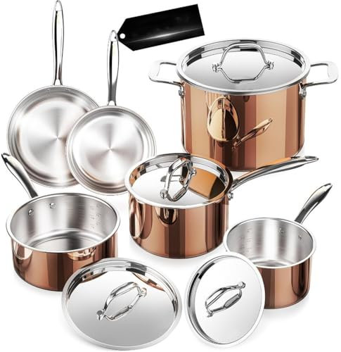 ASerZenith Kupfer-Töpfe Und Pfannen-Set Mit Edelstahldeckel, Induktions-Kochgeschirr-Set Inklusive Suppentopf, Stielkasserolle, Bratpfanne, Kupfer Ss 10 Pc, One