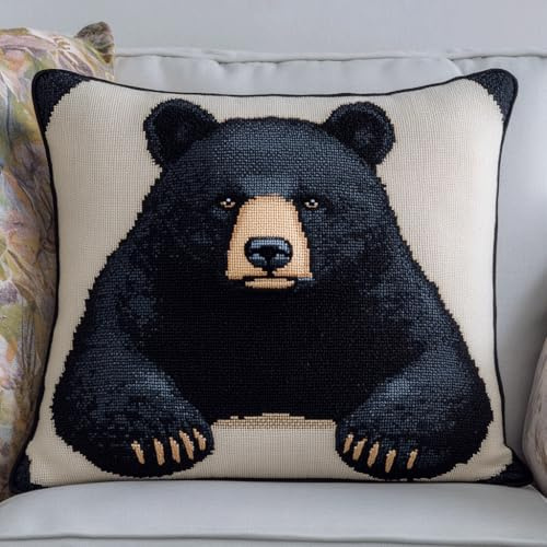 AMBATTERY Kit Point De Croix Pour Coussin, Animal ours noir Coussin Décoratif Brodé 45X45cm Coussin À Broder Fait Main Point de Croix Complet Broderie Pré-imprimé DIY pour Chambre