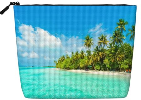Water-Resistant Cosmetic Pouch Organizer for Women Travel, Makeup Bag with Zipper, Lightweight Daily Essentials Pouch for Toiletries Storage, Island Sandy Beach Palm Tree Fake Hemp Makeup Bag