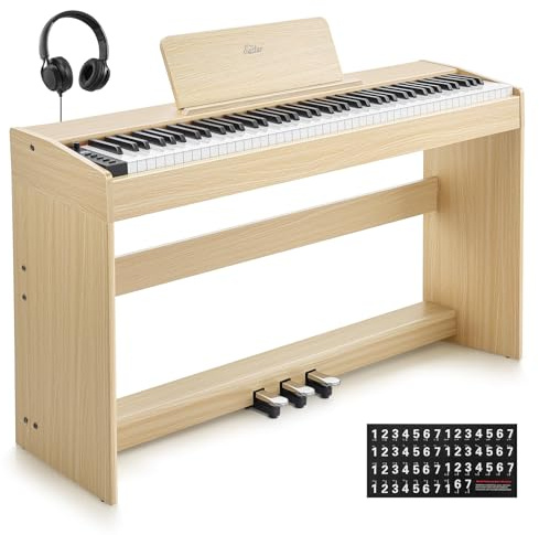Eastar EUP-110 Piano Digital 88 Teclas Contrapesadas, Piano Eléctrico para Principiantes, con Auriculares, Pegatinas Musicales, Pantalla, 3 Pedales, Conexión Inalámbrica, Grabación - Madera Clara