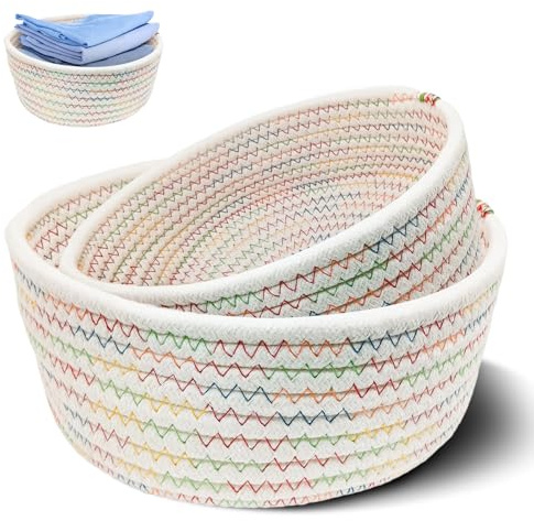 Panier Rangement en Corde de Coton Tressé, Lot de 2 Paniers Rangement Ronds de Tailles Différentes, Souples mais Résistants, pour Ranger Couches, Jouets et Livres (Couleur)