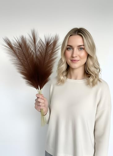 Sorola Pampas Grass MINI Artificial 6 Stems - 20 inch/50cm Fluffy Soft Faux Dried Tall Fake Plant Bouquet Decorative Flowers Arrangements Boho Home Decor Accessories Wedding Decorations (Brown)