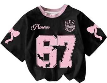 GORGLITTER Girl's Number Jersey Shirts Oversized Bow Graphic Tees V Neck Half Sleeve Going Out Tops Aged 8-12 Years