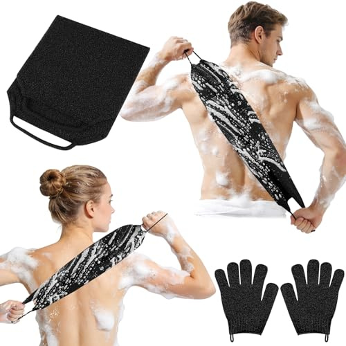 AYBUY Exfoliating Back Scrubber Bath Gloves Set, Exfoliating Shower Towel with 2Pcs Shower Gloves for Cleaning and Massage, Body Cleaner Wash Glove Set for Men Women (Black)