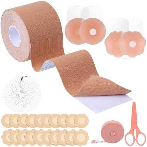 RUISOPE Boob Tape et Cache Tetons Femme, Remonte Sein Adhesif Invisible, Respirant Boob Tape Silicone Réutilisable, Cache Tetons Femme en Pétales de Satin Ruban Body Tape Push Up pour Tenue Mariage